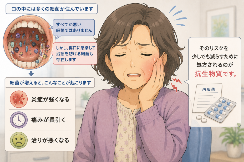 抜歯窩に細菌が取り付いて、腫れたり痛みが強かったりで苦しんでいる患者さんのイラスト。