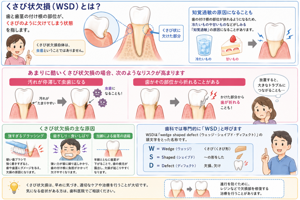 くさび状欠損とはどのような状態を指すのかを解説するイラストです。
