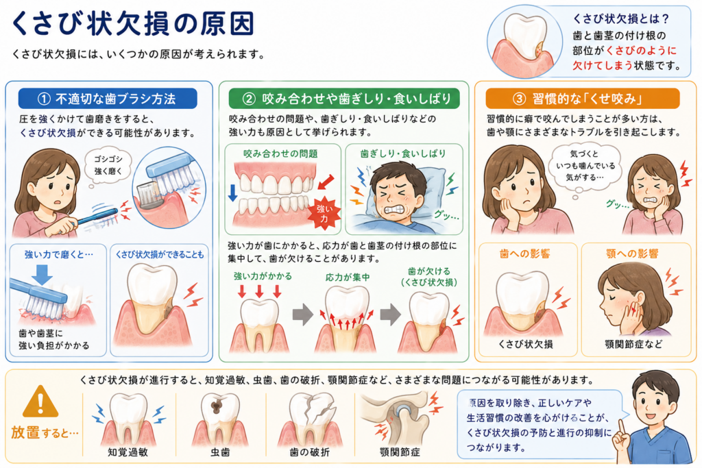 くさび状欠損の原因について解説しているイラストです。