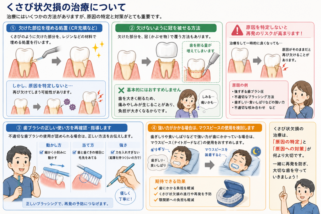 くさび状欠損の治療法について解説しています。