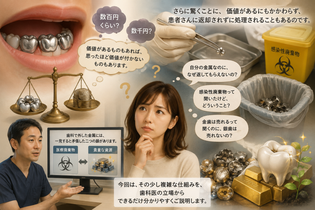 歯科医院で外した金属の行方について解説するブログのイントロダクションのイラストです。金歯銀歯。