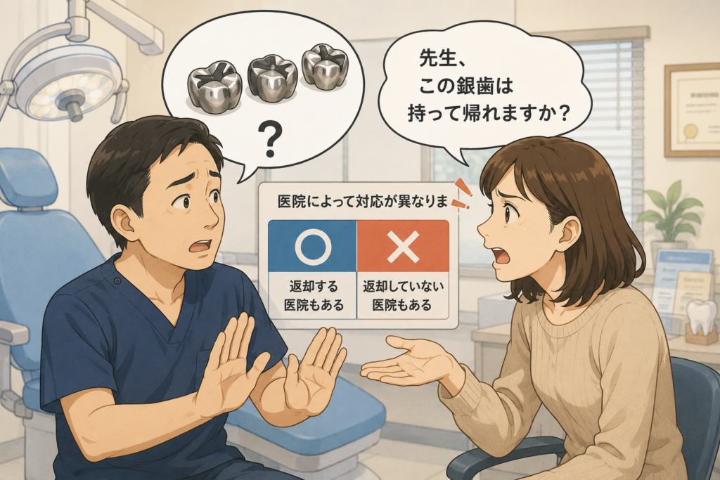 外した金歯、銀歯を患者に返却するかどうか、歯科医師と患者でもめているイメージ図です。