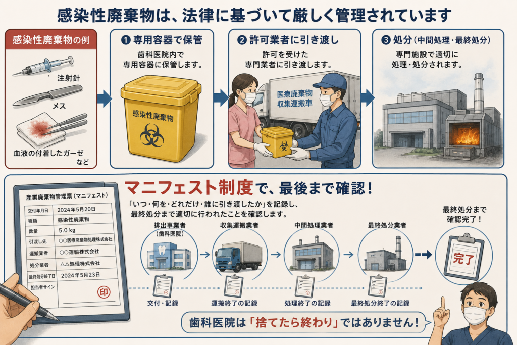 感染性廃棄物の処理についてマニフェスト制度があることを解説しています。