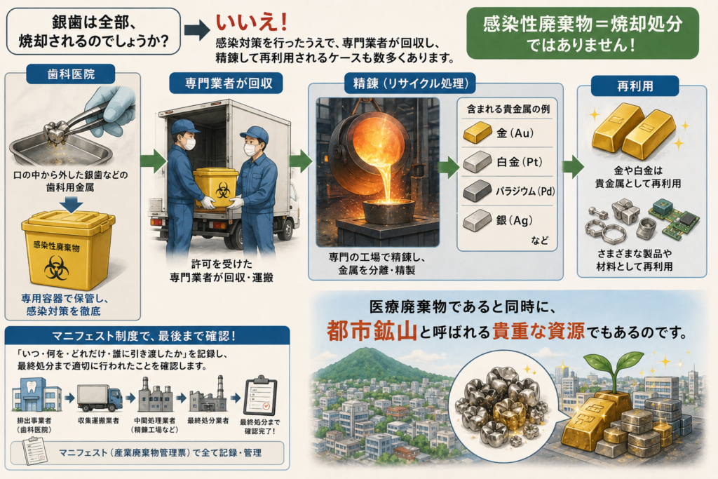 金歯、銀歯をリサイクル処理してゆく過程を解説するイラストです。