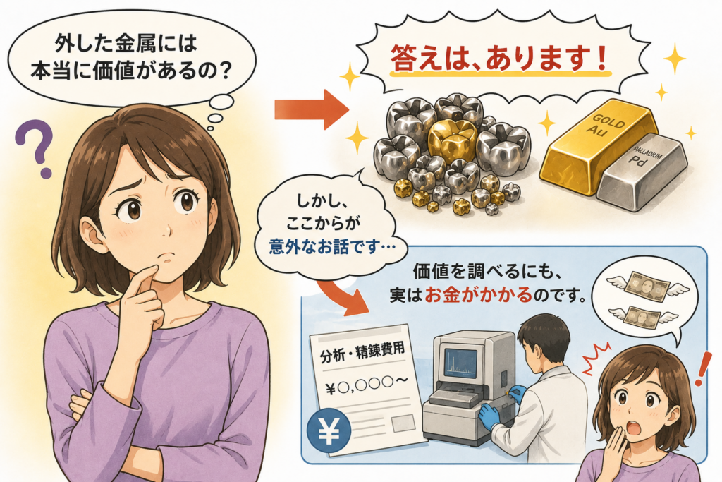外した、金歯銀歯に価値があることを断言するとともに、それだけではない事実があることを予言するイラスト。