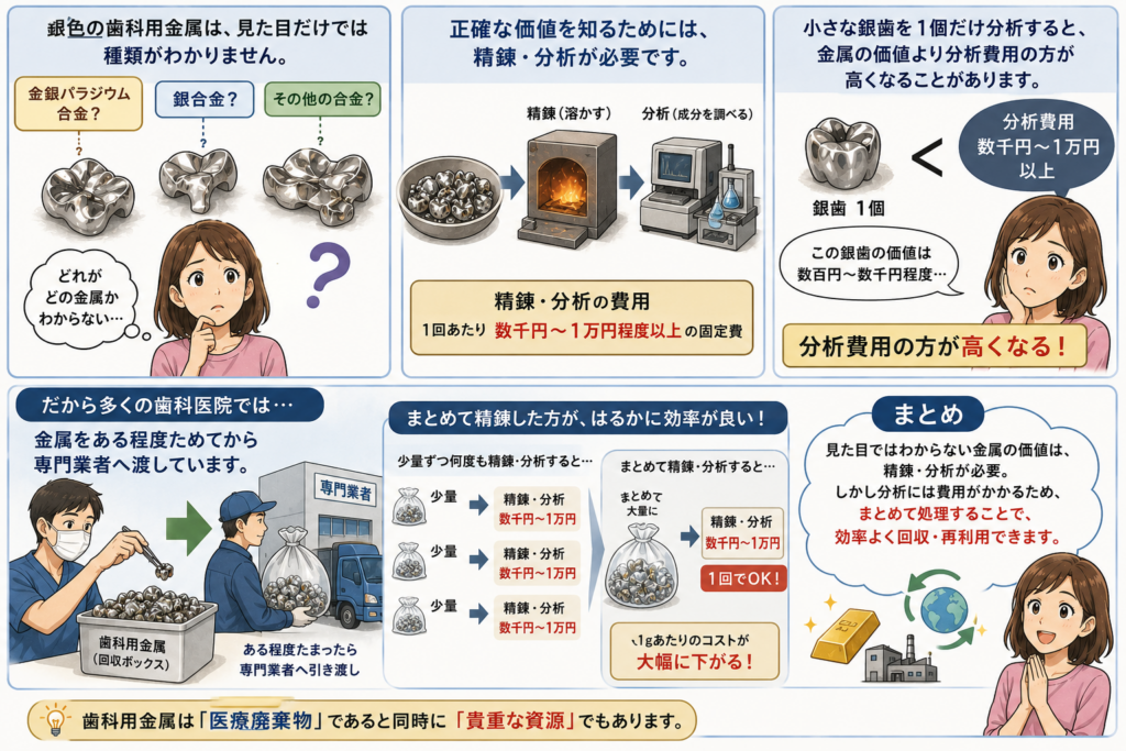 銀歯はいろいろな種類があり、精錬分析をしないとその価値がわからない。たった1個では精錬分析費用の方が高くて割に合わないので、たくさんためてから分析に出す。