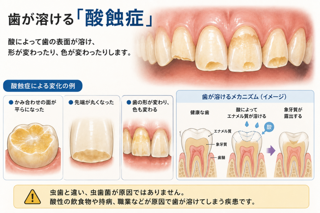 酸蝕症のイメージ図です。う蝕ではないのにエナメル質が溶けてしまうイメージ図です。