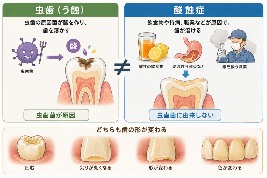 う蝕と酸蝕症の違いをイラストで解説しています。