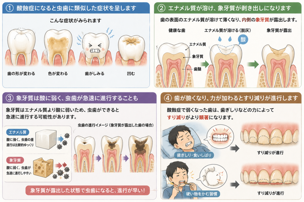 酸蝕症の特徴について解説。虫歯のような症状。エナメル質の融解と象牙質のむき出し。う蝕の進行について解説。