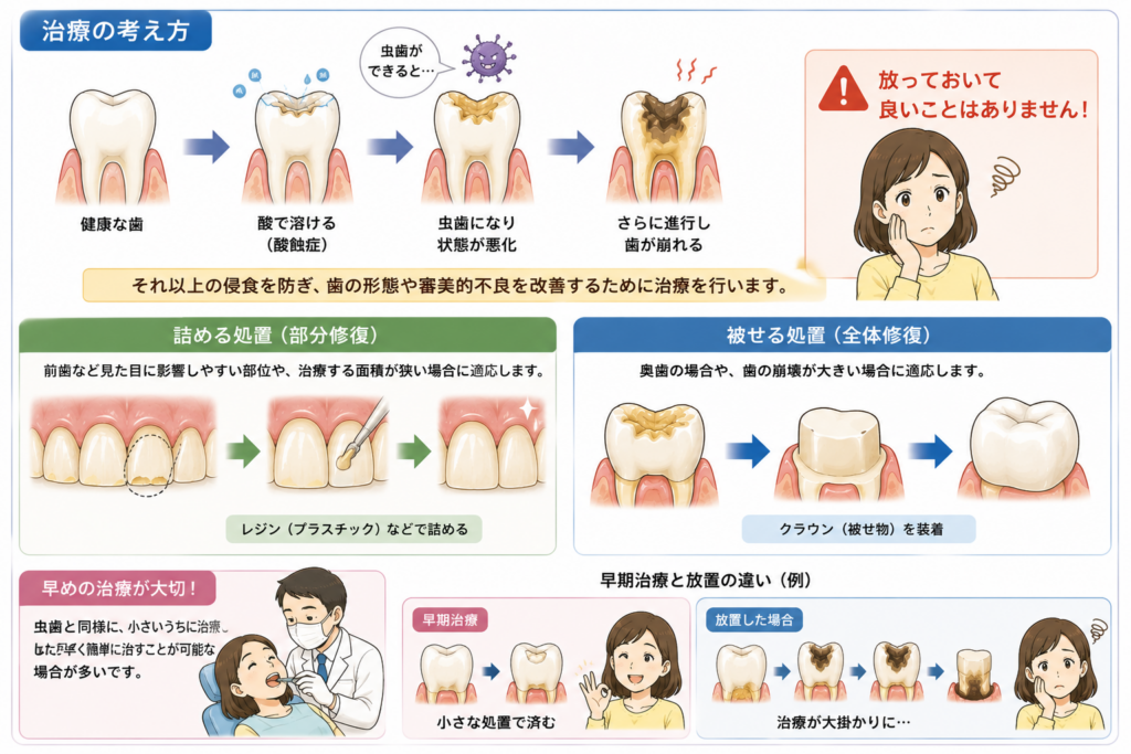 酸蝕症の治療法について解説。基本的にはう蝕治療に準ずる。埋める、被せる。レジン充填、クラウン補綴。