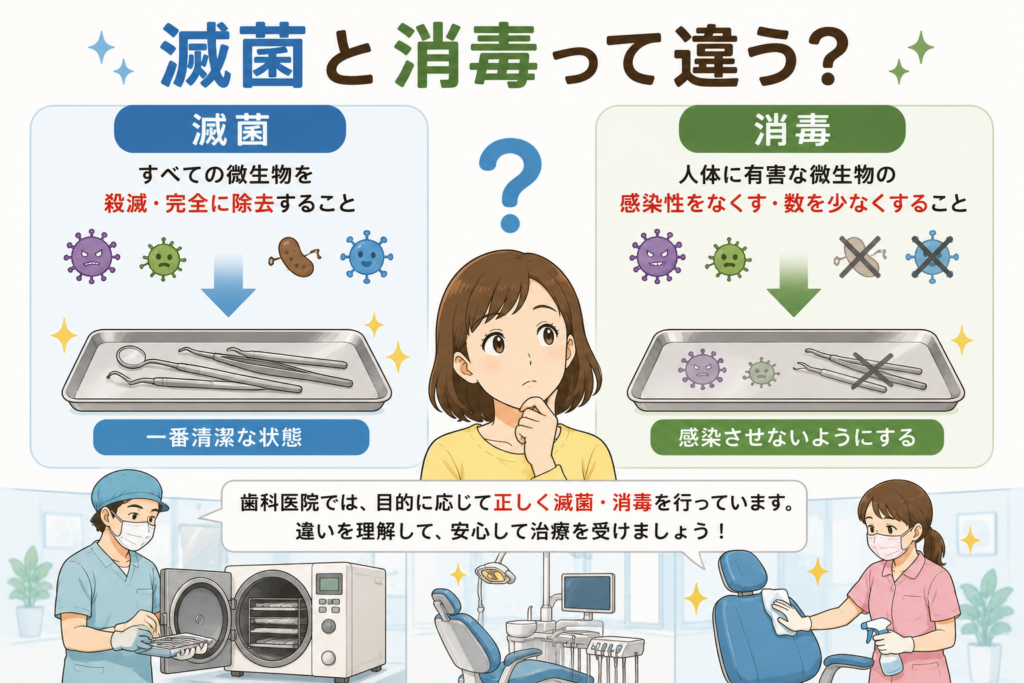 滅菌、消毒、という言葉は一般的に歯区別があいまいだが、医療上は明確な違いがあることをイラストで解説。