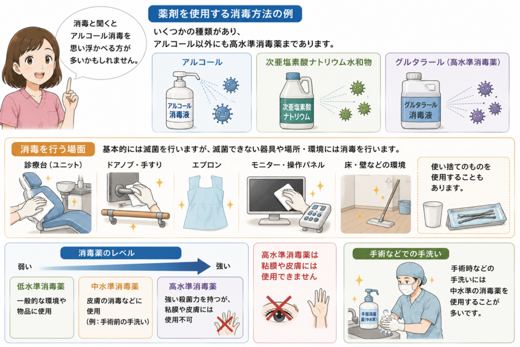 消毒に使う薬剤を紹介。滅菌できないものが消毒となることを具体的に解説。
