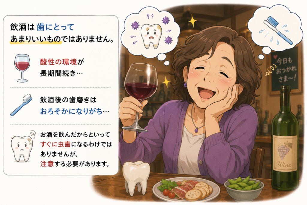 飲酒が口腔内環境に良くないことを示すイラストです。