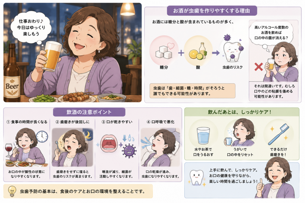 飲酒が口腔内環境にどのように悪影響があるかを解説。