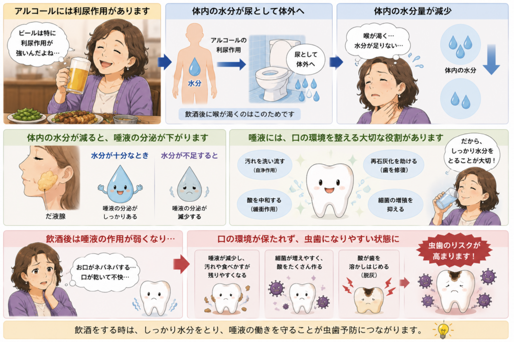 アルコールの利尿作用がどのように口腔環境悪化に携わっているかの解説イラストです。