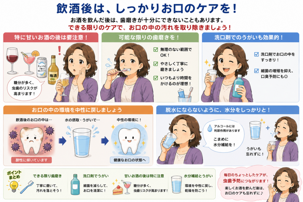 飲酒後の口腔ケアについて解説したイラストです。
