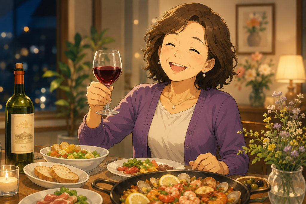 飲酒や食事で人生を謳歌しているご婦人のイメージイラストです。