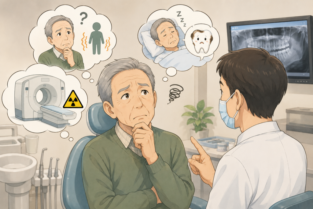 CTをとりましょうと言われて、被ばくが心配で断ろうかどうか迷っている患者さんのイラストです。