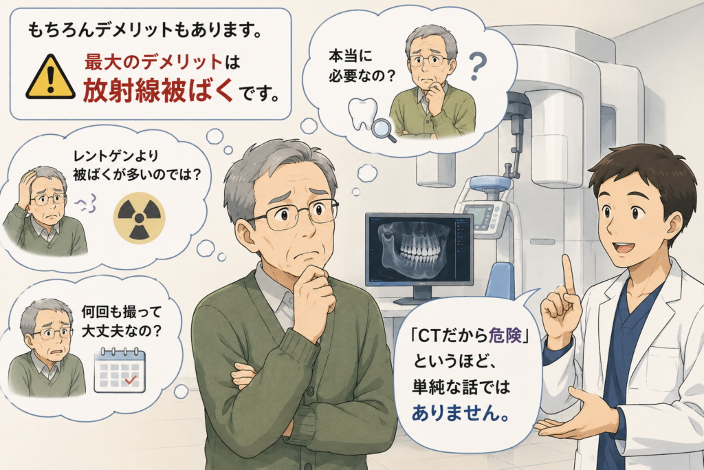 CTの被ばくについて心配している患者さんのイラストです。