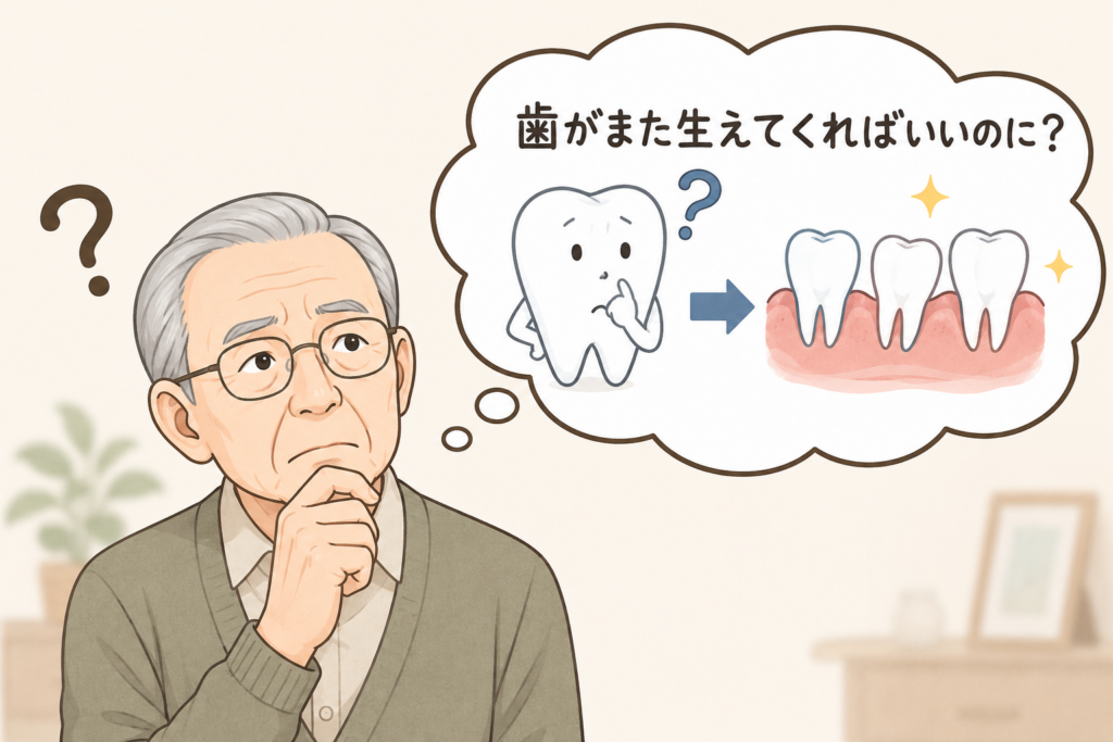 永久歯がなぜ一回しか生えてこないのかを不思議に思っている人のイメージイラストです。