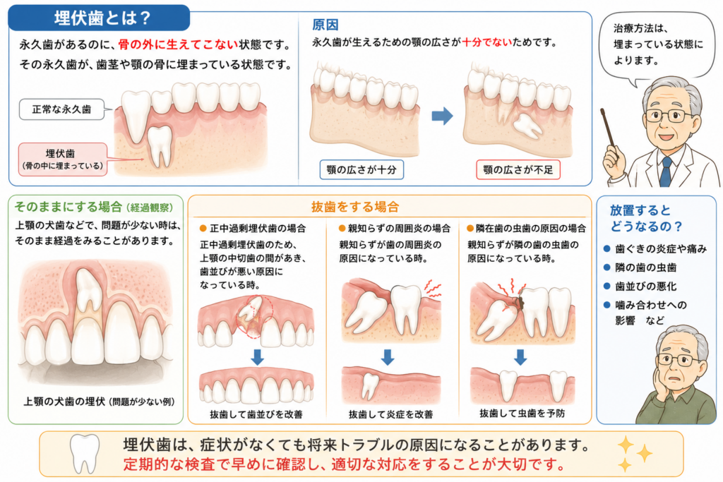 埋伏歯の状態と祖に治療法についての解説イラストです。
