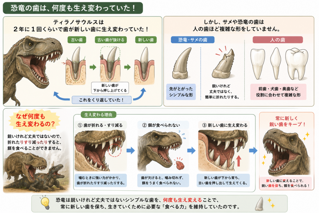 恐竜の歯が何度もハエからっていた理由について解説するイラストです。