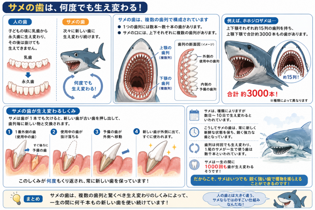 サメの歯が何度も生え変わる理由と仕組みについて解説しています。