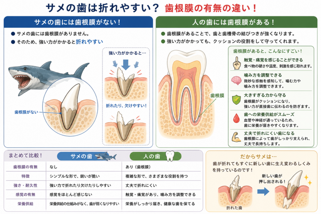 歯根膜の有無がどのように影響しているかを解説するイラスト。