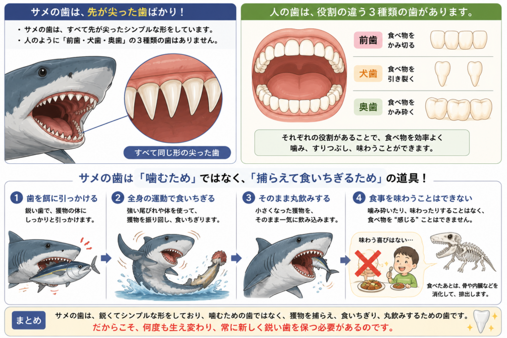 サメの歯の攻勢について言及。人間の歯との機能の違いを解説。
