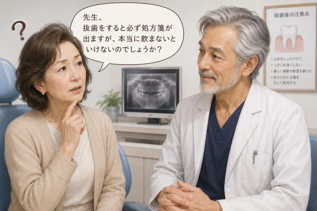 抜歯後にほぼ必ずでる処方。「本当に必要なのかな?」という疑問をぶつけている患者のイラスト