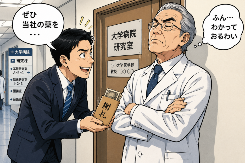 昔、医科の世界ではプロパーがわいろを教授に送って薬を売り込んでいたことがあった、という図。