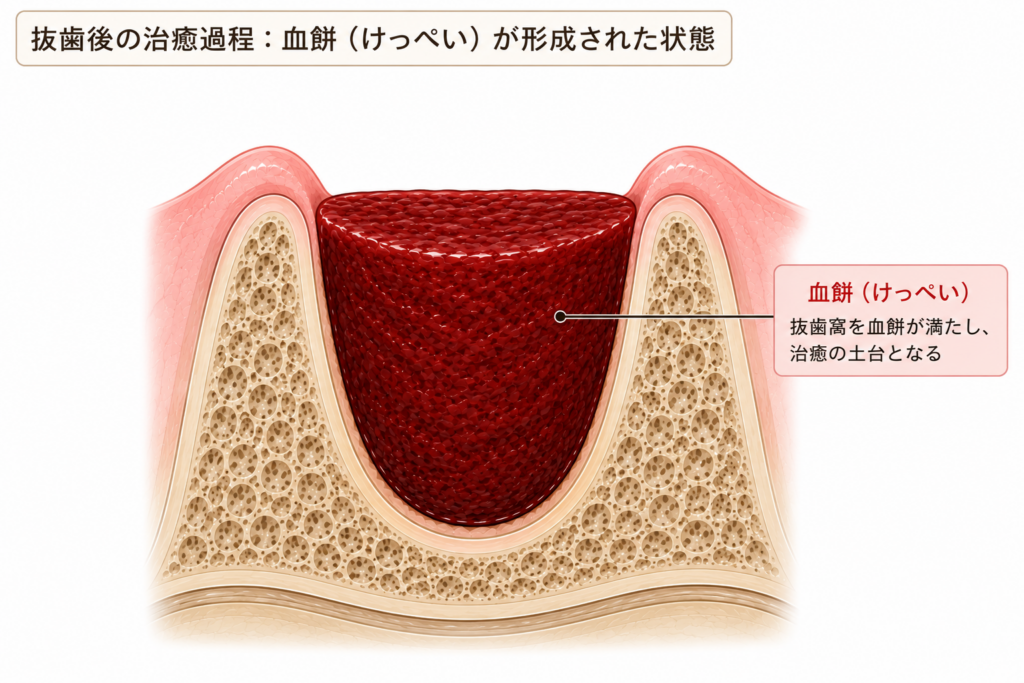 抜歯窩に血餅がたまっている様子を示したイラスト。