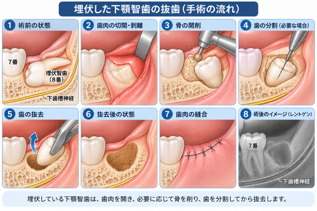 完全埋伏の智歯の抜歯の具体的手順を解説するイラスト