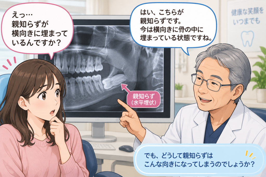 歯科医院でレントゲン撮影をしたときに親知らずが横向きに埋まっていることが発覚したときのイラスト