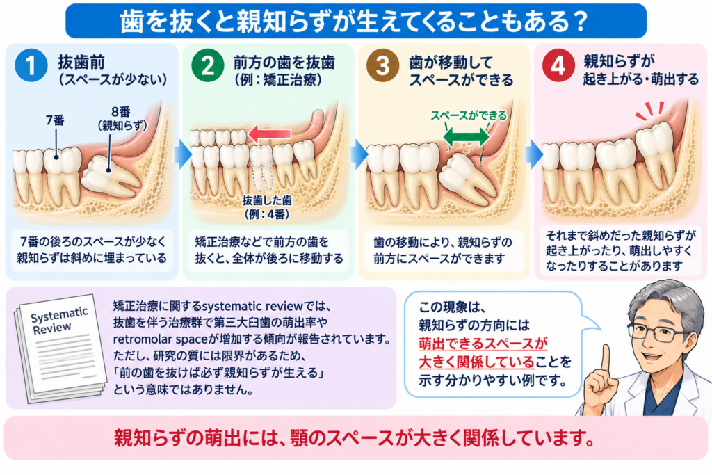 前方の歯を抜くと、親知らずが生えてくることがあることの解説