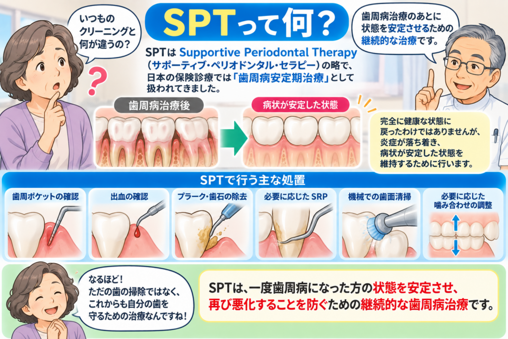 SPTという概念と実際のポケットの角煮にゃ、出血の確認、プラークや歯石除去、SRP、歯面清掃、かみ合わせの調整について解説。