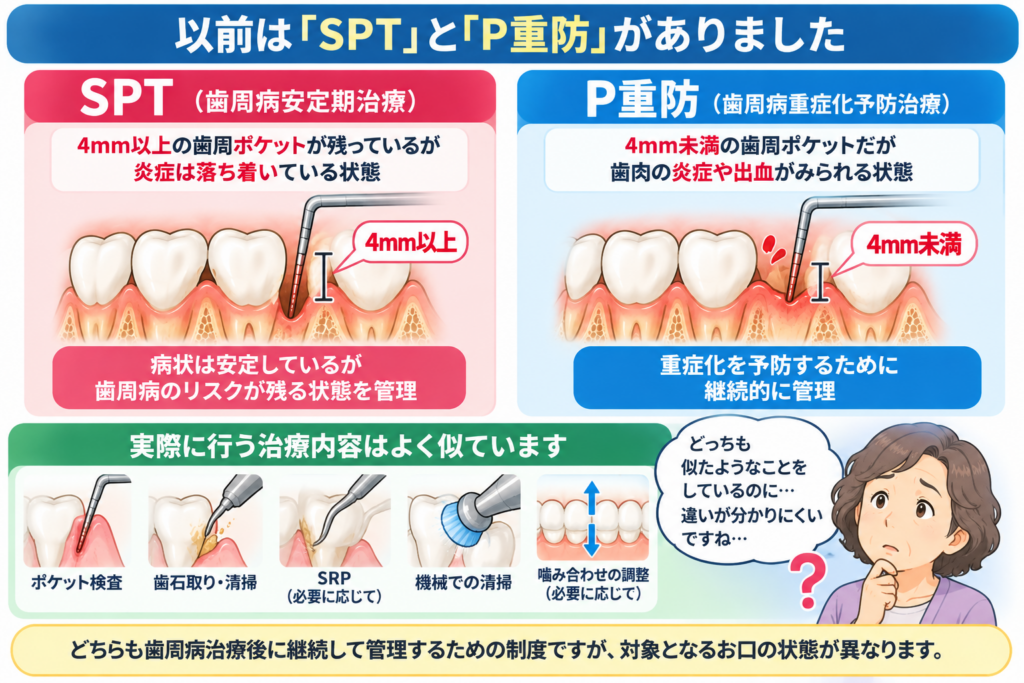 SPTとP重防の違いについて解説。ポケット検査、歯石取り、SRP、歯面清掃、咬合調整。