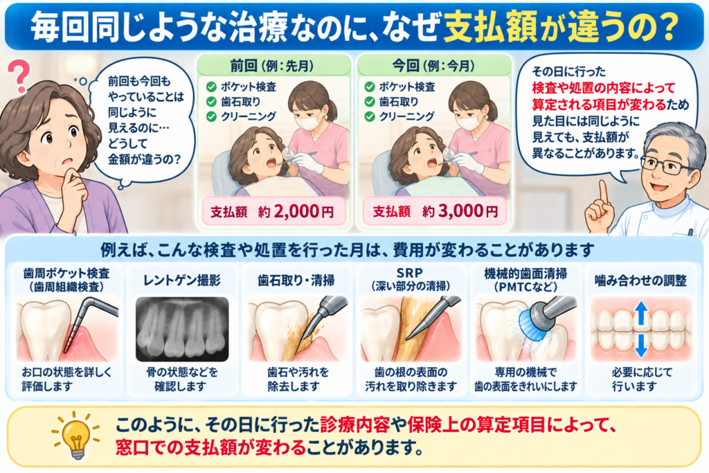 毎回同じ治療内容なのに支払額が違うことを解説