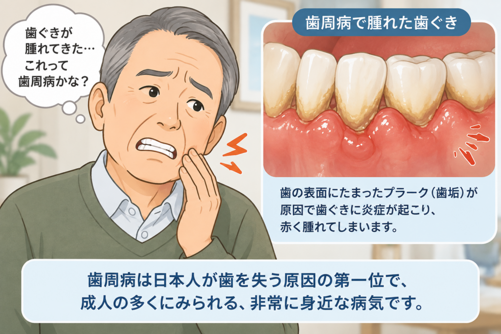 歯周病で歯茎が腫れてきた様子を解説するイラスト。