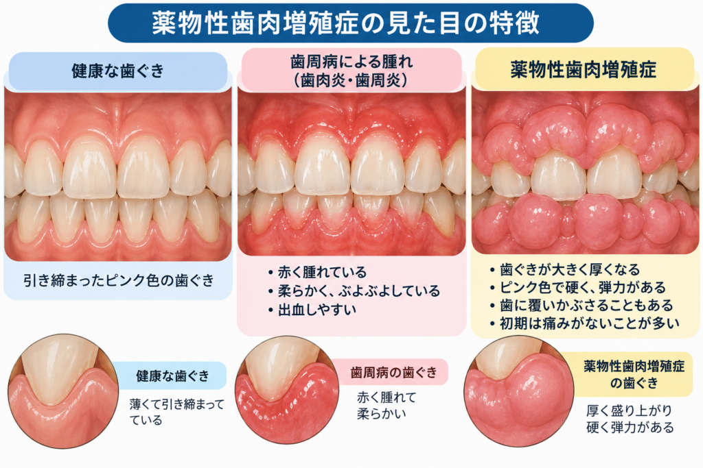 薬物性歯肉増殖の見た目の時長を解説するイラスト。