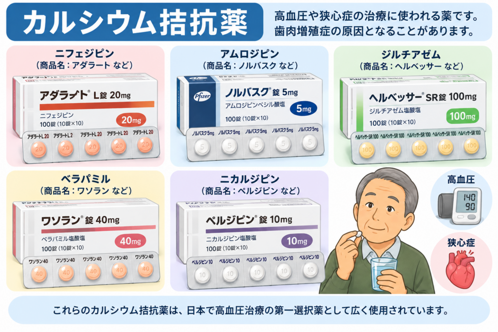 カルシウム拮抗薬にはどのようがあるかを解説するイラスト。