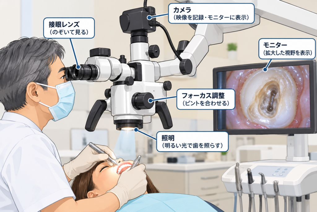 歯科治療で利用されるマイクロスコープのイメージイラスト。