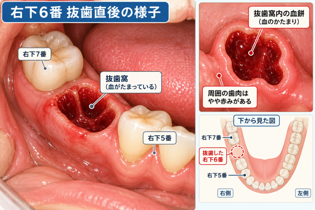 抜歯直後の歯茎の様子を示すイラスト。抜歯窩。血餅。