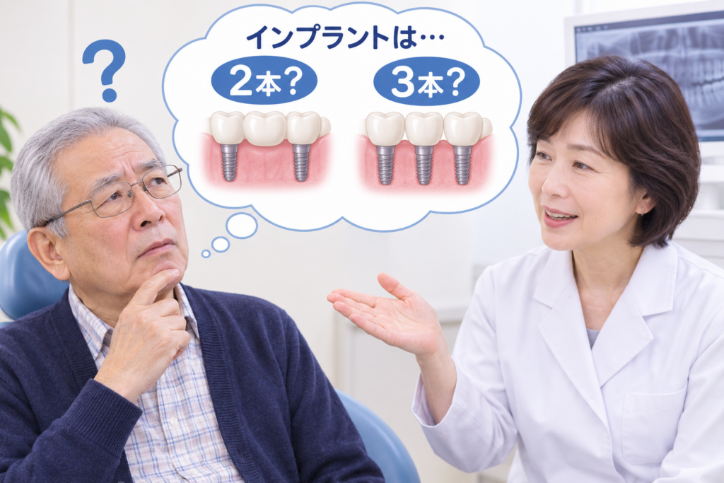 インプラント2本か3本かについて説明を受ける患者の図