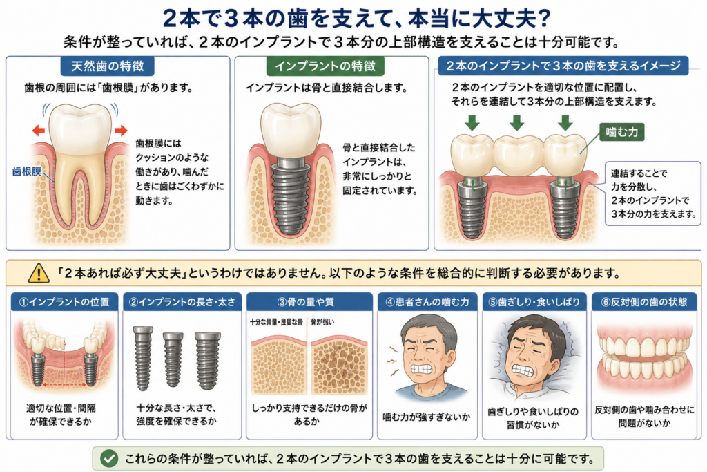 2本出させるのと3本で支える場合の違いをインプラントの場合を説明