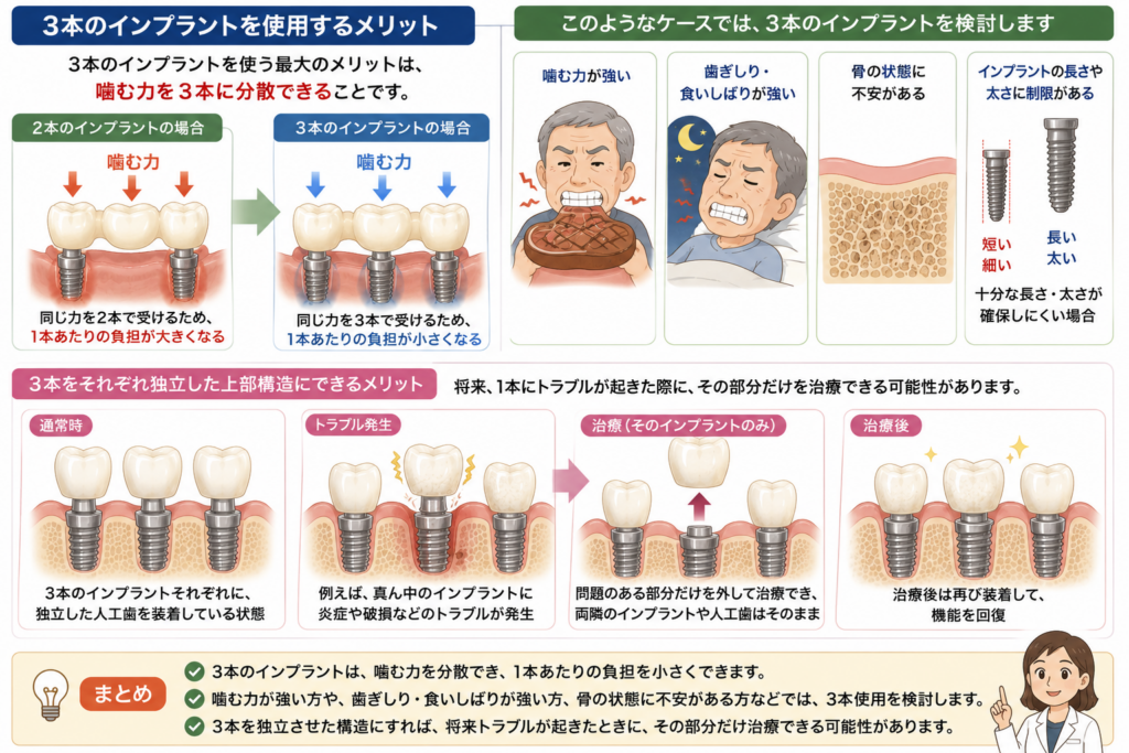 3本インプラントで補綴する場合のメリット。