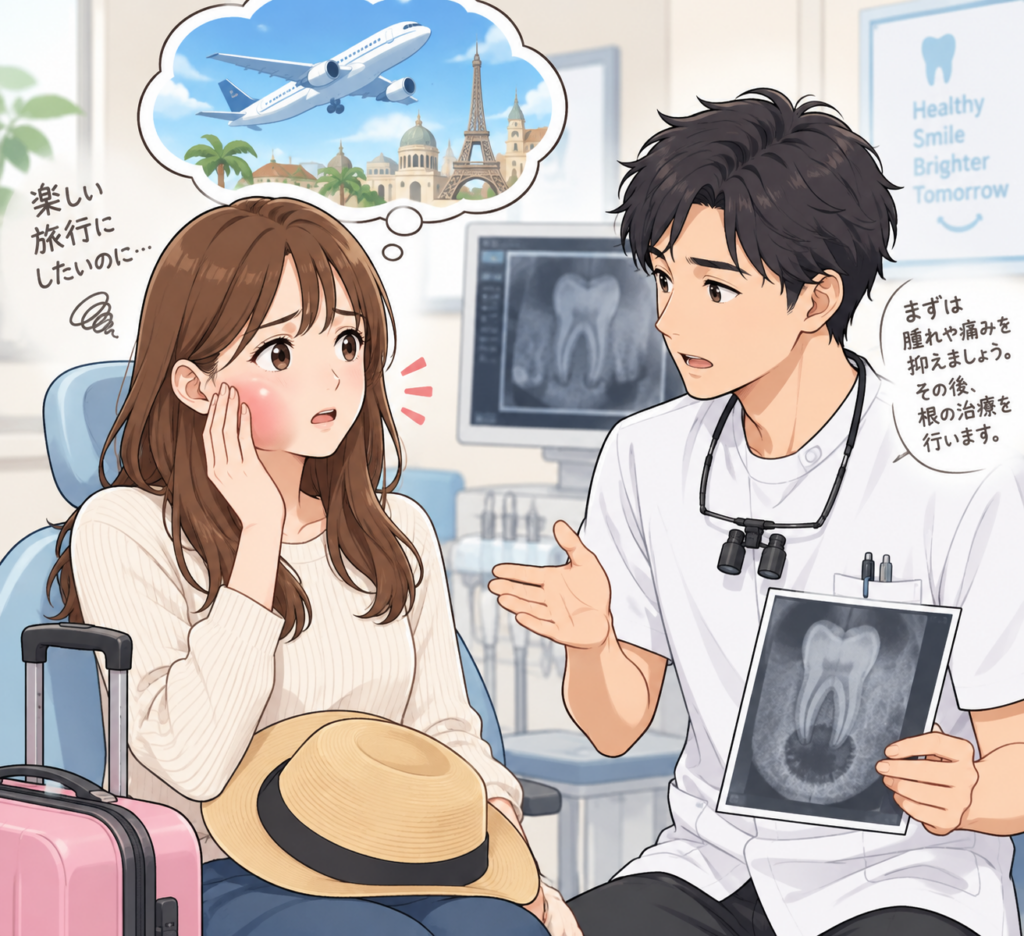 旅行に出発する前日に歯肉が腫れたり痛んだりして歯科医院を訪ねた人の図。抗生物質。痛み止め。