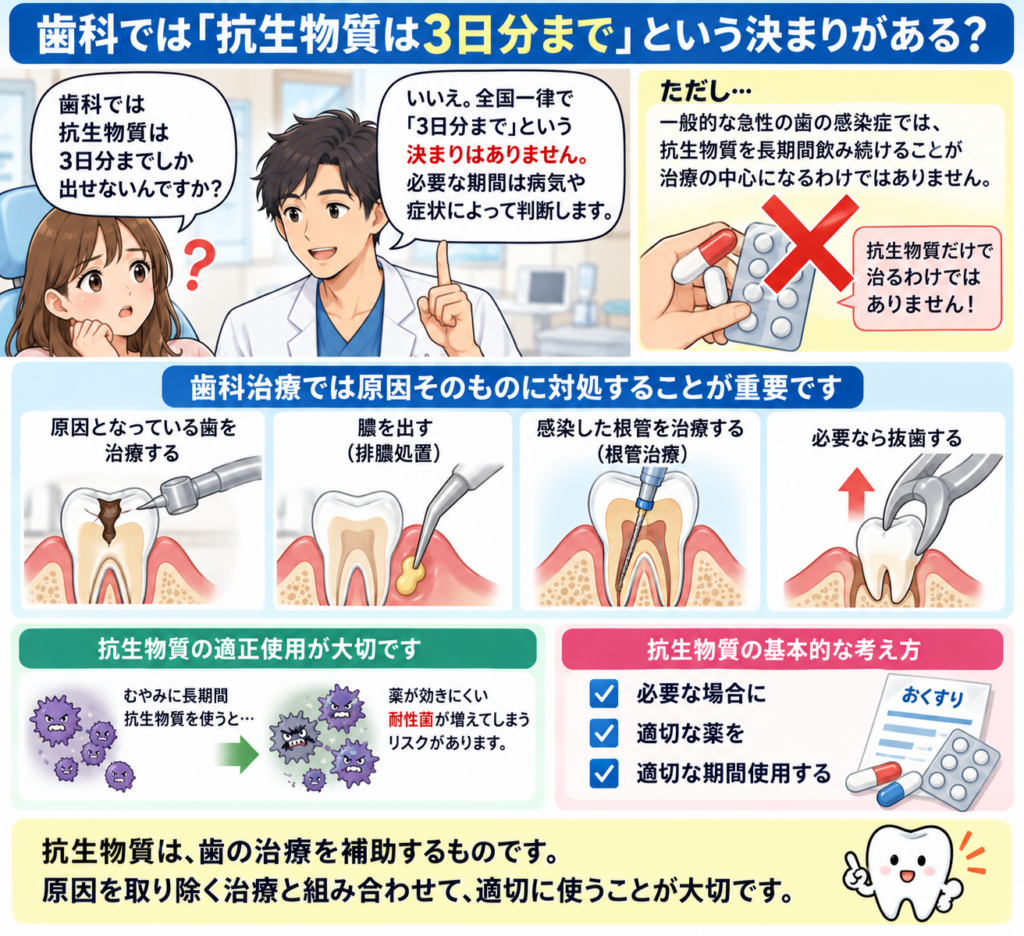 抗生物質は3日までしか出せないとは限らないことを解説。
