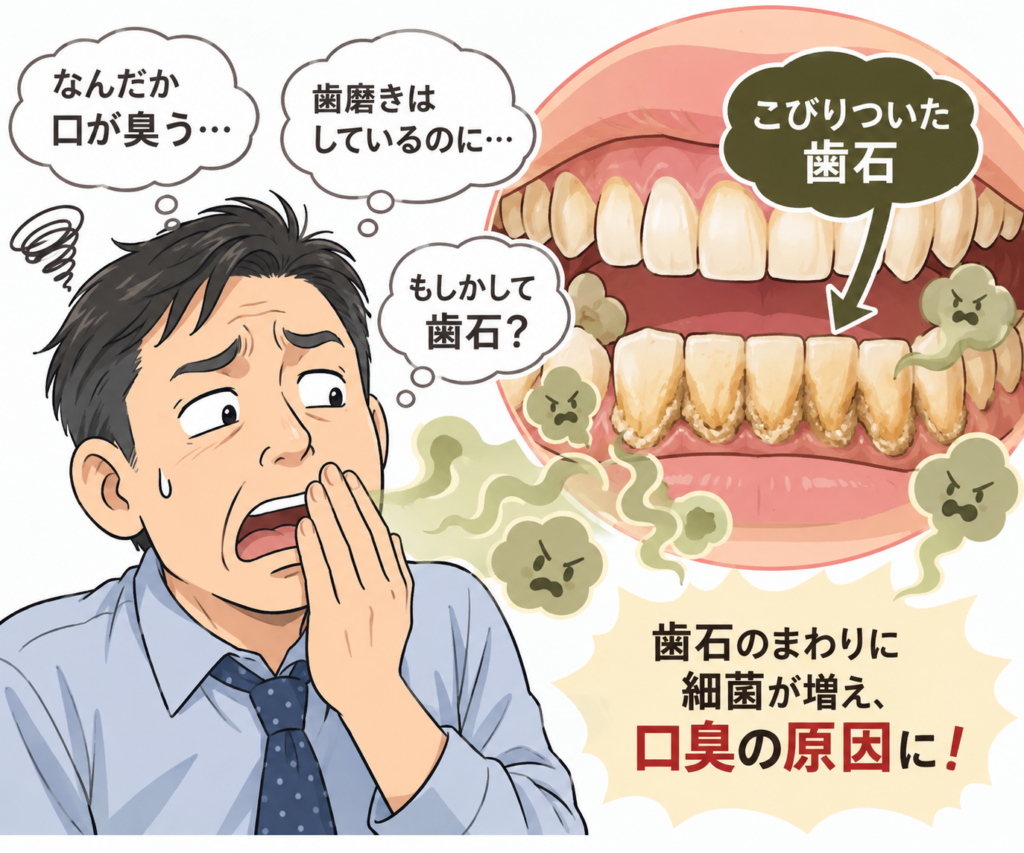歯石がたくさんついていて口臭がしている男性のイラスト図