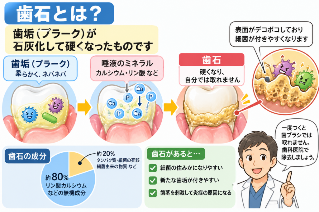 歯石についての解説図、歯垢、リン酸カルシウム
